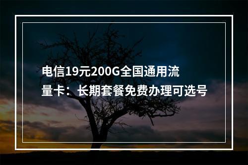 电信19元200G全国通用流量卡：长期套餐免费办理可选号