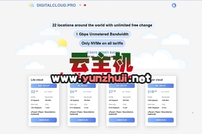 digitalcloud:全球24个机房(美国/香港/新加坡等),不限流量(1Gbps带宽),低至$2.3/月,1G内存/1核/25gNVMe